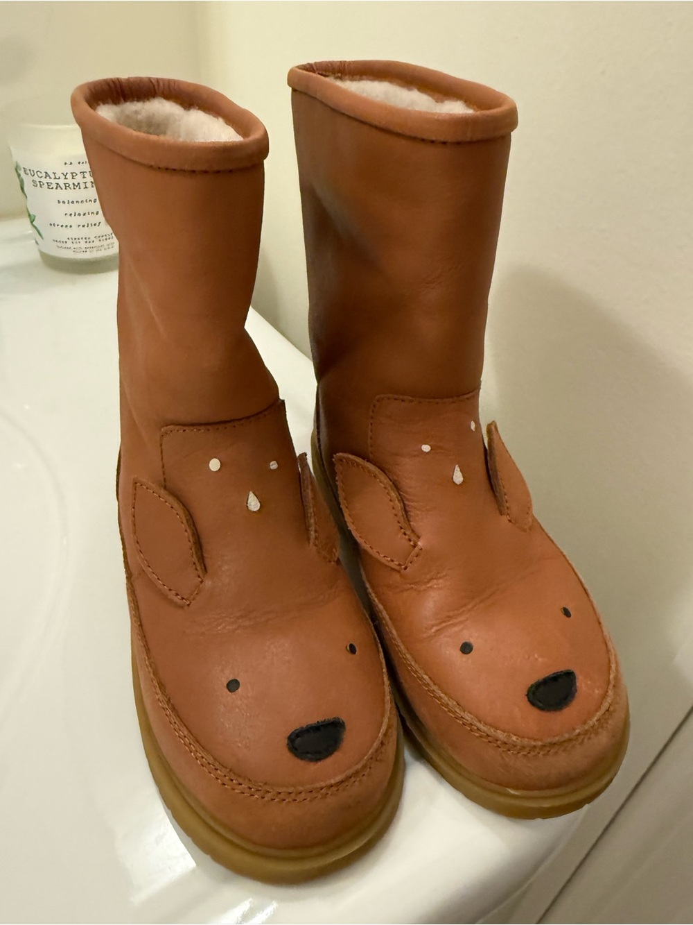 Kids Brown Bear Face Winter Boots with Plush Lining